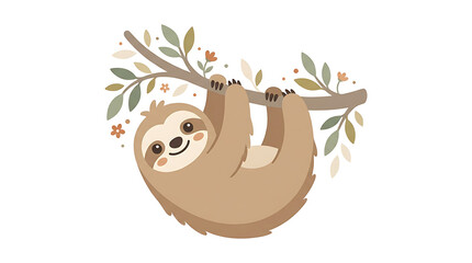 Fototapeta premium Cartoon Sloth Hanging on Tree Branch.