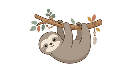 Fototapeta premium Cartoon Sloth Hanging on Branch.