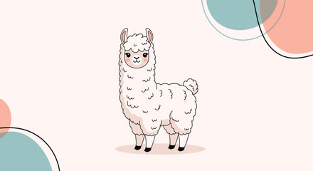 Obraz premium Fluffy white llama stands on a soft pink background decorated with geometric circles for a charming nursery print.