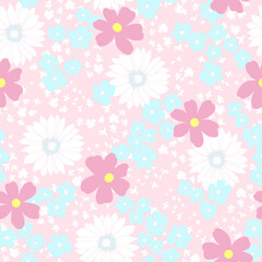Vibrant floral pattern with pink, white, and blue flowers on soft pink background