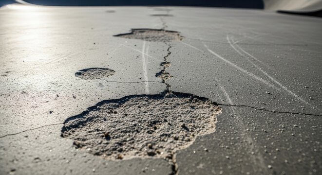 Damaged Concrete Surface with Cracks and Holes, Requiring Repair.