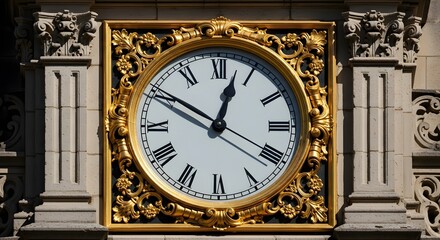 close-up of an antique clock with roman numerals, ornate golden frame, vintage mechanical clock hands, classic european design, dramatic lighting, high detail, photorealistic, macro photography