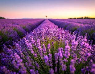Fototapeta premium A serene field of purple flowers at sunset (1)