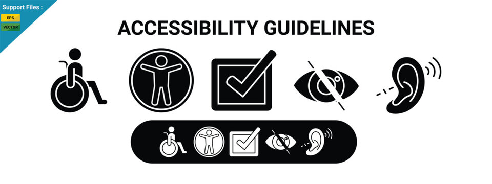 The image illustrates accessibility guidelines with outline icons representing inclusivity, design, and compliance. glyph icons set.