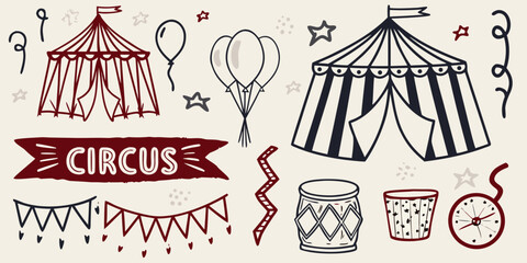 Hand drawn circus elements including tents balloons and festive decorations © Dipu
