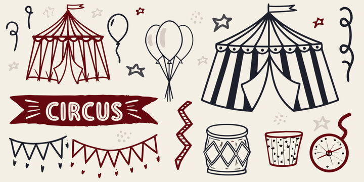 Hand drawn circus elements including tents balloons and festive decorations
