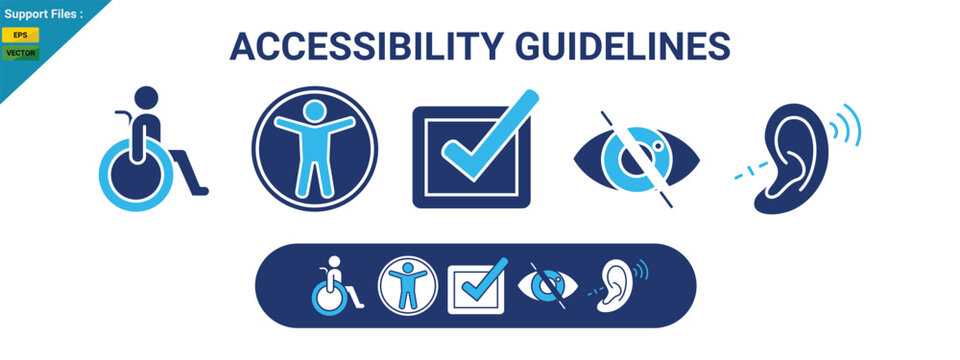 The image illustrates accessibility guidelines with outline icons representing inclusivity, design, and compliance. two color icons set.