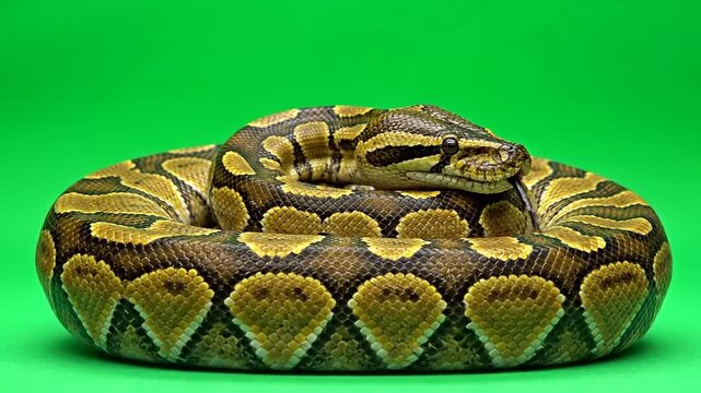 Close-up studio shot of a coiled python snake displaying its intricate patterned scales against a vibrant green background