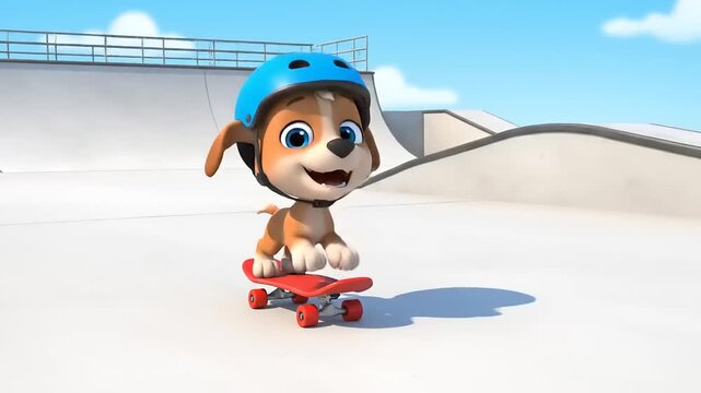 Cheerful animated puppy character on a skateboard, wearing a protective helmet, enjoying a sunny day at a modern outdoor skate park, showcasing playful youth and active recreation