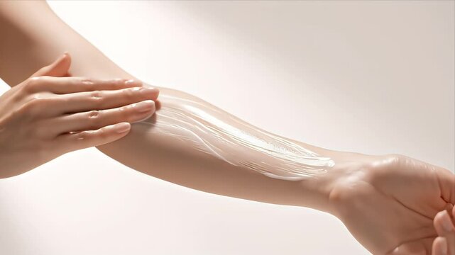 Close up on a woman's hand applying a smooth white moisturizing cream to her arm with soft studio lighting and a clean neutral background highlighting skin hydration and care in a seamless loop