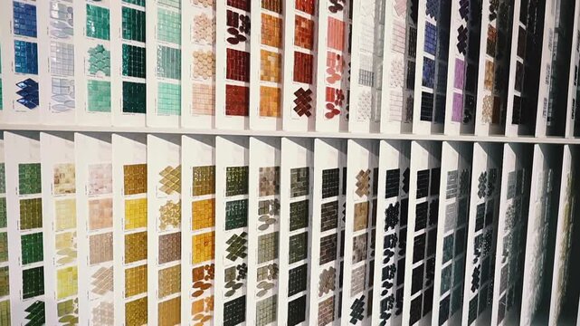 Large display of various tile samples in a showroom or store