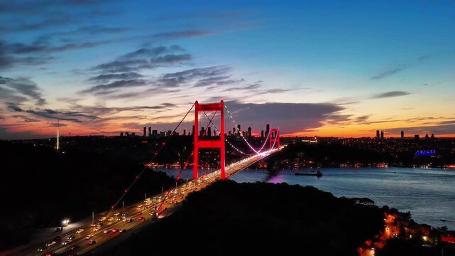 4K drone video of a breathtaking city view, the Bosphorus, and the Fatih Sultan Mehmet Bridge in Istanbul, Turkiye.