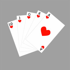 Obraz premium Vector illustration of a hand of playing cards featuring heart suits arranged in fan composition. Perfect for poker games, casino promotions, gambling concepts, card game illustrations, and entertain