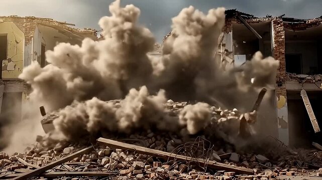 A dramatic wide shot captures a partially ruined brick building undergoing intense demolition, as a large section of a wall collapses into a massive cloud of dust and debris. Bricks, plaster, and stru
