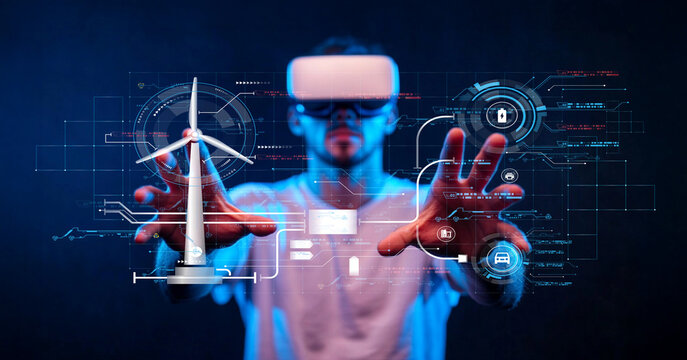 Young man exploring virtual reality technology with holographic wind turbine and digital interfaces representing sustainable energy solutions