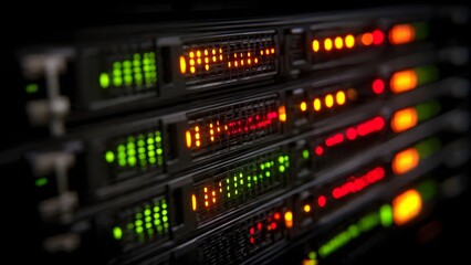 Modern server rack with glowing green orange and red indicator lights for data processing and networking