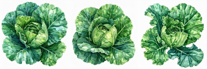 Obraz premium three resh green cabbage heads painted in vibrant watercolor style with detailed leafy textures arranged as botanical vegetable illustrations isolated on clean white background