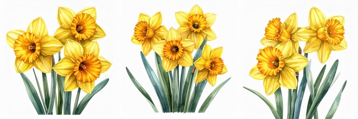 Vibrant yellow daffodil flower clusters with fresh green leaves painted in delicate watercolor botanical style isolated on clean white background