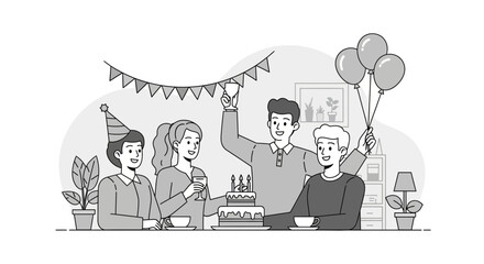 Obraz premium Friends celebrating a birthday party with cake and balloons together.