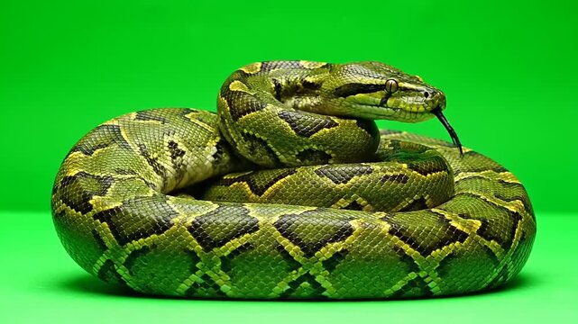 A Detailed Close-Up Shot of a Python Snake Coiled on a Vibrant Green Background with its Tongue Flicking Out