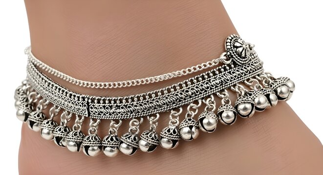 Elegant silver ankle bracelet with intricate beaded and bell details