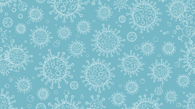 Intricate seamless pattern with white outline drawings of virus and bacteria molecules on a light blue background for medical design.