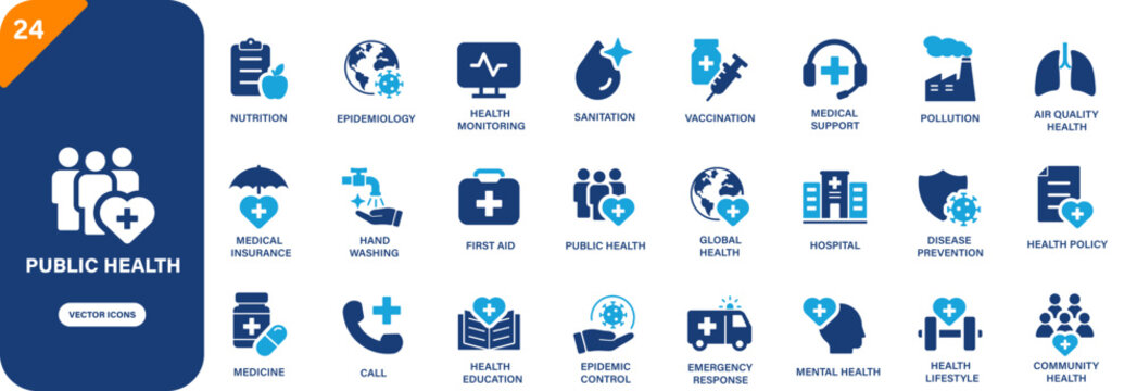 Public health icon collection featuring epidemiology, health lifestyle, vaccination, hand washing and hospital symbols. Solid vector icons.