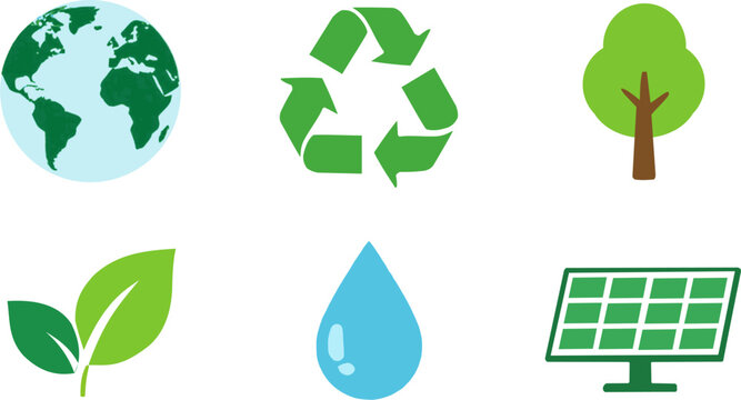 Earth Day icon set, globe, leaf, recycling symbol, tree, water drop, solar panel