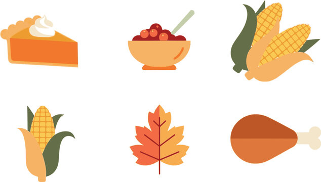 flat vector Thanksgiving icons, pumpkin pie slice, cranberry sauce bowl, corn, autumn leaf, turkey drumstick