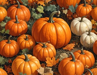 A vibrant autumnal arrangement of various sized pumpkins and leaves