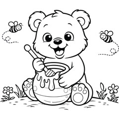 Obraz premium Baby Bear Eating Honey Coloring Page for Kids Cartoon Line Art