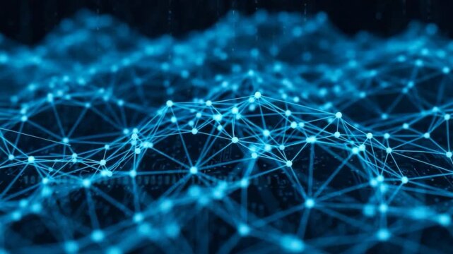 Digital Network Connectivity: A mesmerizing network of interconnected nodes glows in a vibrant shade of blue, suggesting seamless data flow and advanced technology.