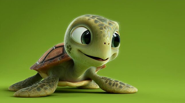 Adorable Baby Turtle Character 3D Render on Green Background