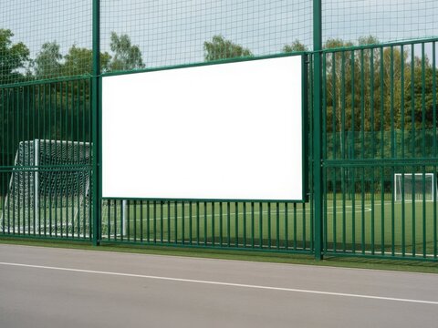 Blank billboard along a green fenced roadside