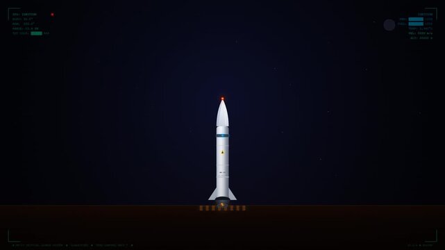 Cinematic rocket launch animation with countdown, ignition, liftoff, engine flames, smoke and sparks. Spacecraft flying into night sky with futuristic HUD interface, ideal for space, technology and ae
