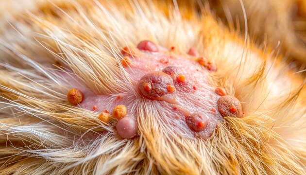 Close-up of a dogs skin with multiple papillomas, showing a common skin condition in pets.