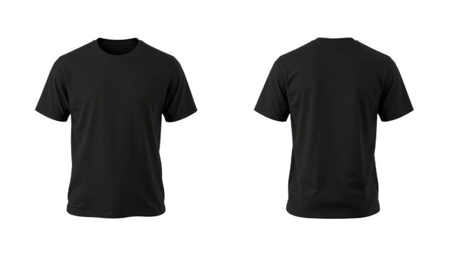 Front and back view of a plain black t-shirt displayed on a white background, showcasing its design and fabric