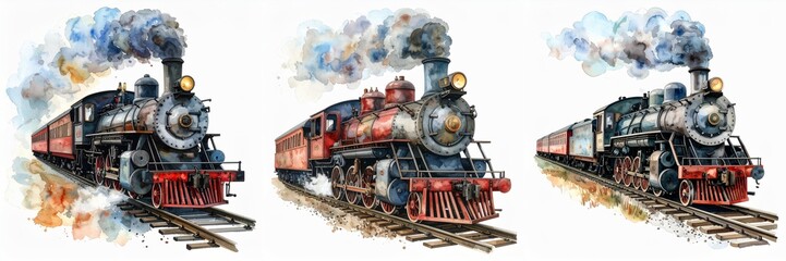 Fototapeta premium Vintage steam locomotives with smoke billowing from their chimneys traveling on railway tracks classic industrial train illustration isolated on white background