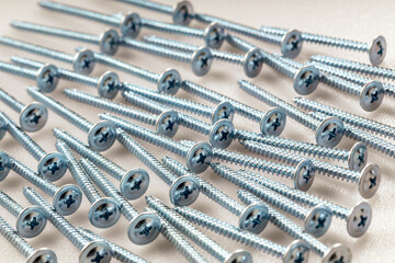 Industrial hardware: zinc finish screws on clean white plastic