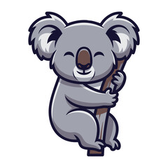 Obraz premium A cute cartoon koala hugging a tree trunk with a happy face on a white background