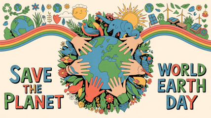 Fototapeta premium Earth surrounded by hands and foliage with 'save the planet' and 'world earth day' text on beige background with rainbow