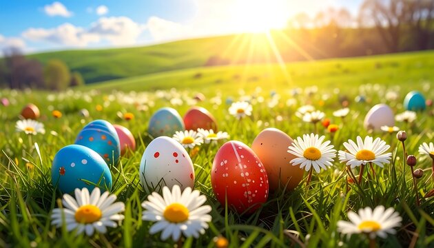 Colorful easter eggs scattered on green grass with white daisies under a bright sunny sky