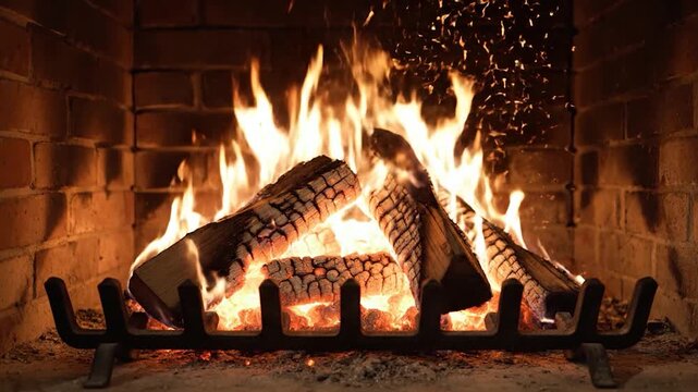 Bright flames dance around burning logs in a cozy brick fireplace, providing