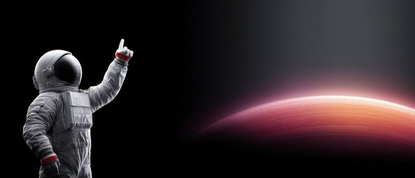 Astronaut Points Toward Glowing Planet Horizon in Space Exploration Scene