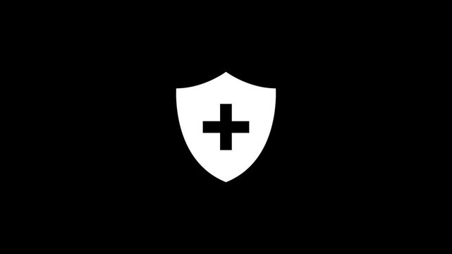 A white shield with a black medical cross on a black background