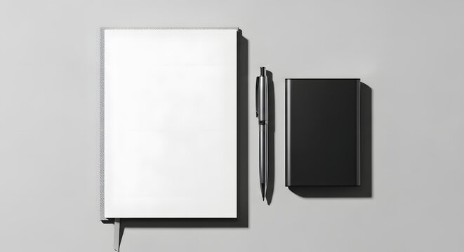 White and black notebooks with a pen, rectangular shapes, blank pages for office branding mockup