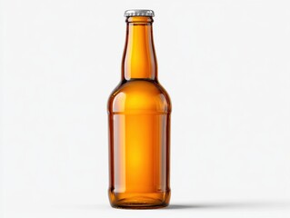 Amber brown glass beer bottle with metal cap on a clean white surface