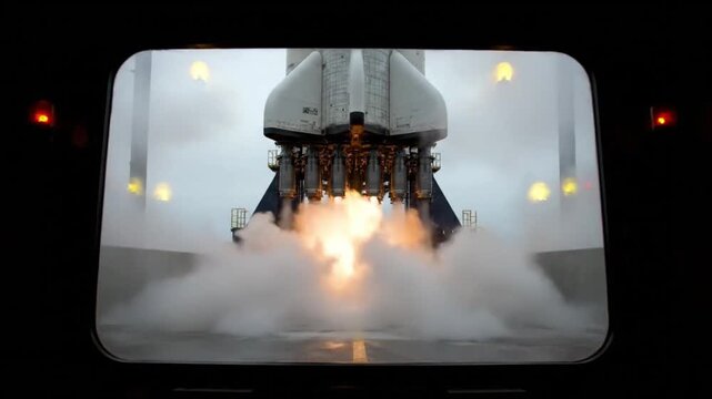 A powerful rocket ignites its engines, emitting a massive cloud of steam and fire as it prepares for launch.