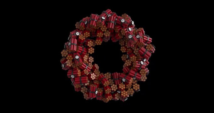 Stylized 3D ring animation made of dynamite bundles rotating in a circular formation. Transparent background with alpha channel, ideal for dramatic motion graphics and video overlays.