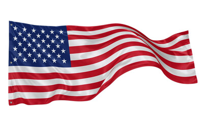 Realistically rendered United States flag waving, vibrant red, white, and blue, showing fabric texture, stars, and stripes, symbolizing national pride on white background